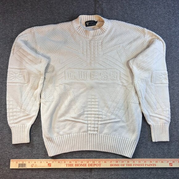 Vintage Guess 80s Knit Sweater Mens Medium Cream Georges Marciano USA stonecoldc